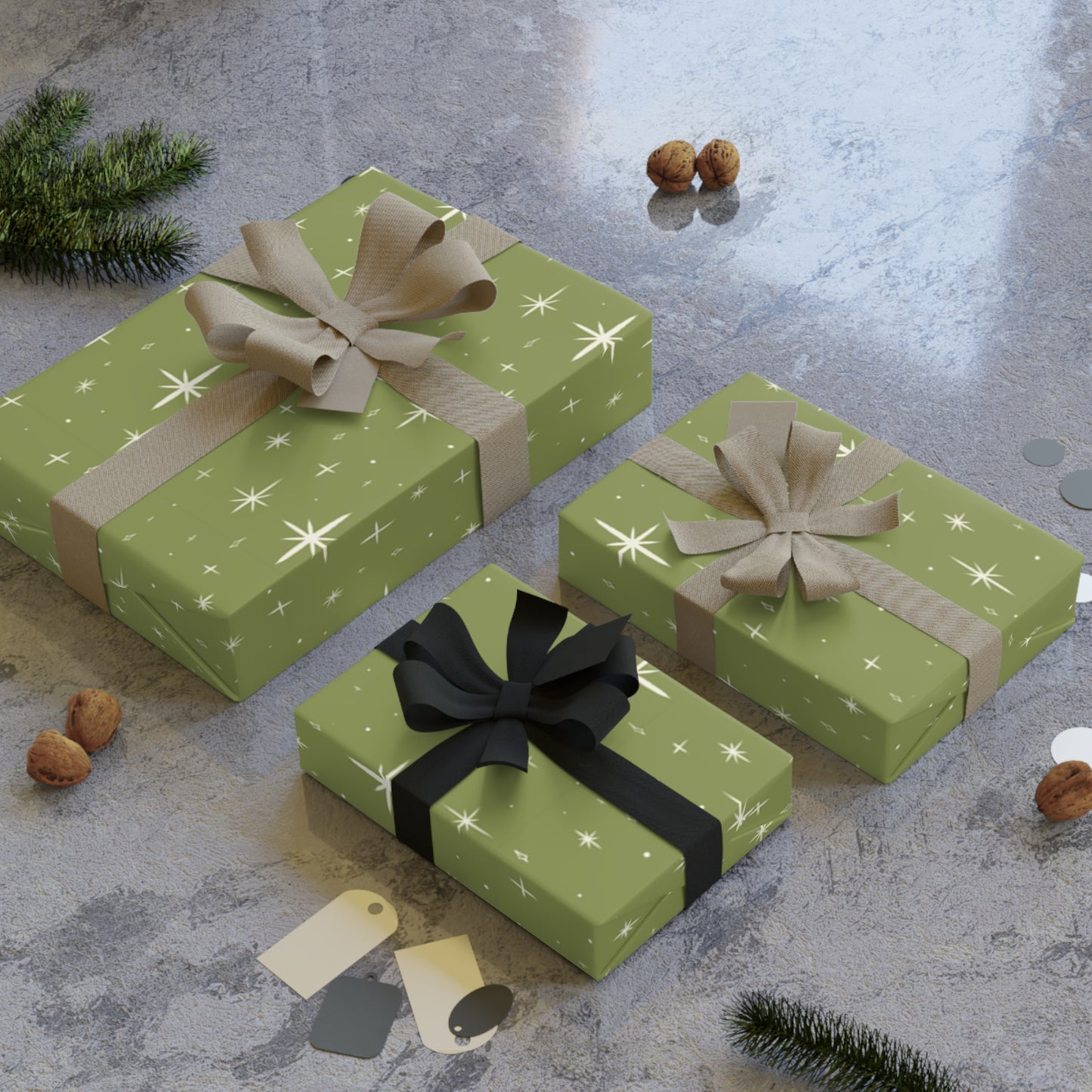 Green Stars Gift Wrapping Paper Rolls, 1pc