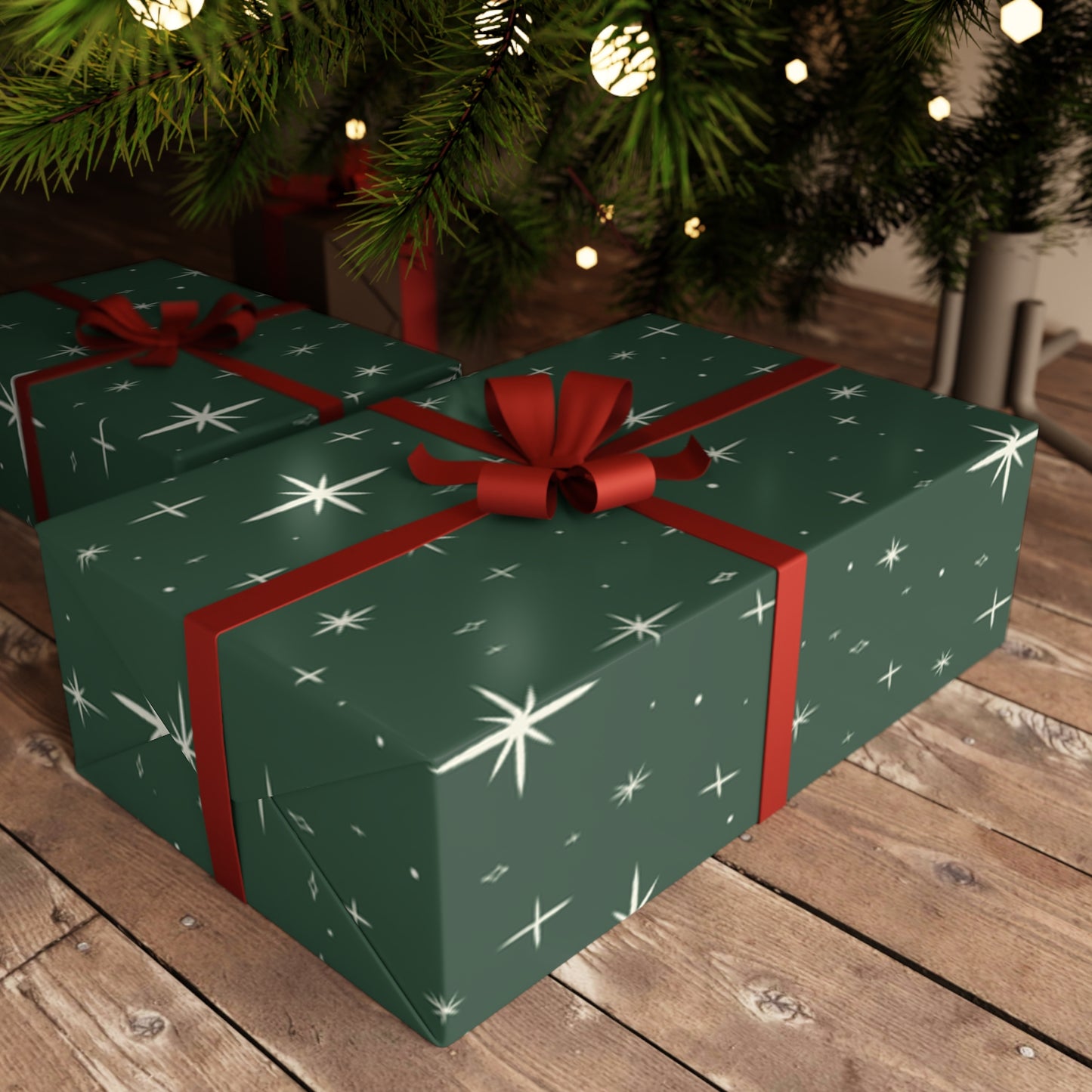 Dark Green Stars Gift Wrapping Paper Sheets, 1pc