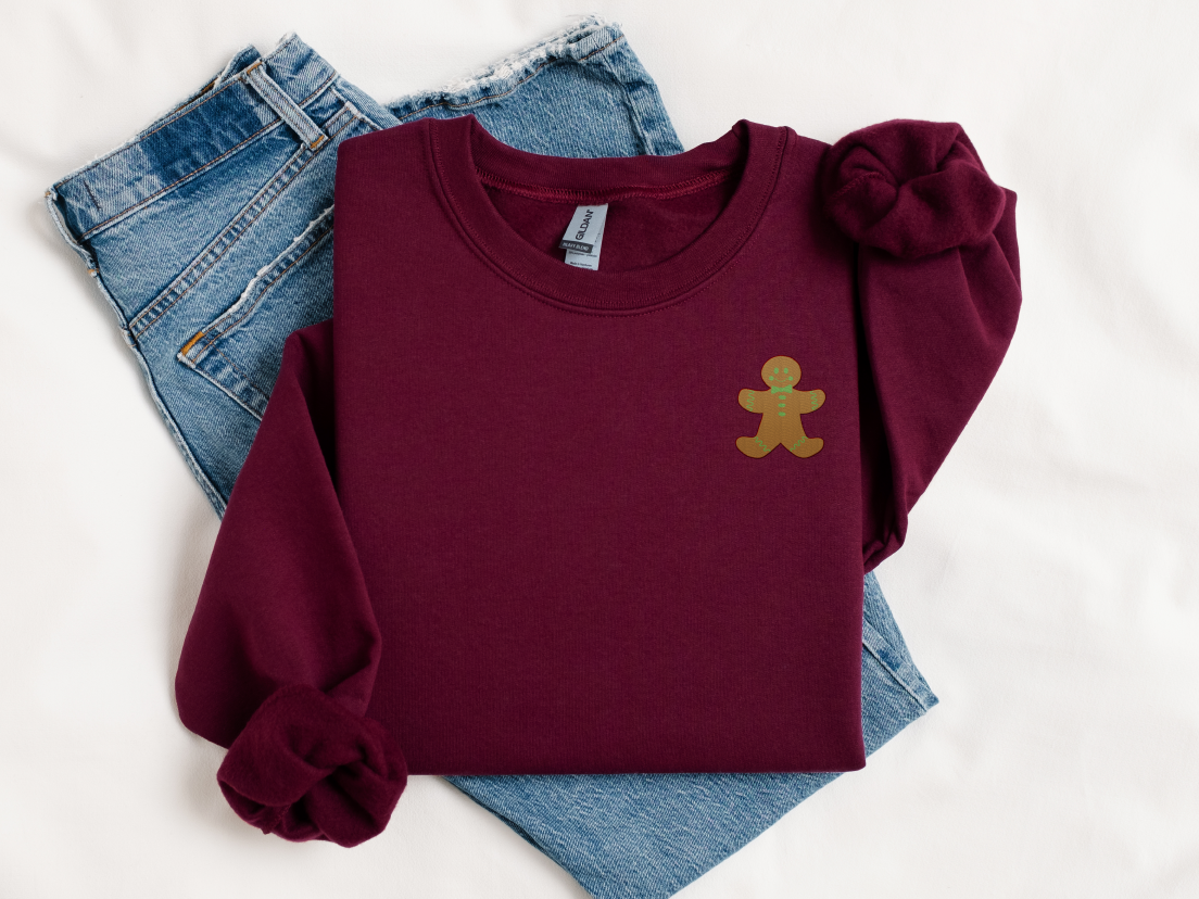 Gingerbread Man (Green Bow Detail) Embroidered Christmas Unisex Sweatshirt
