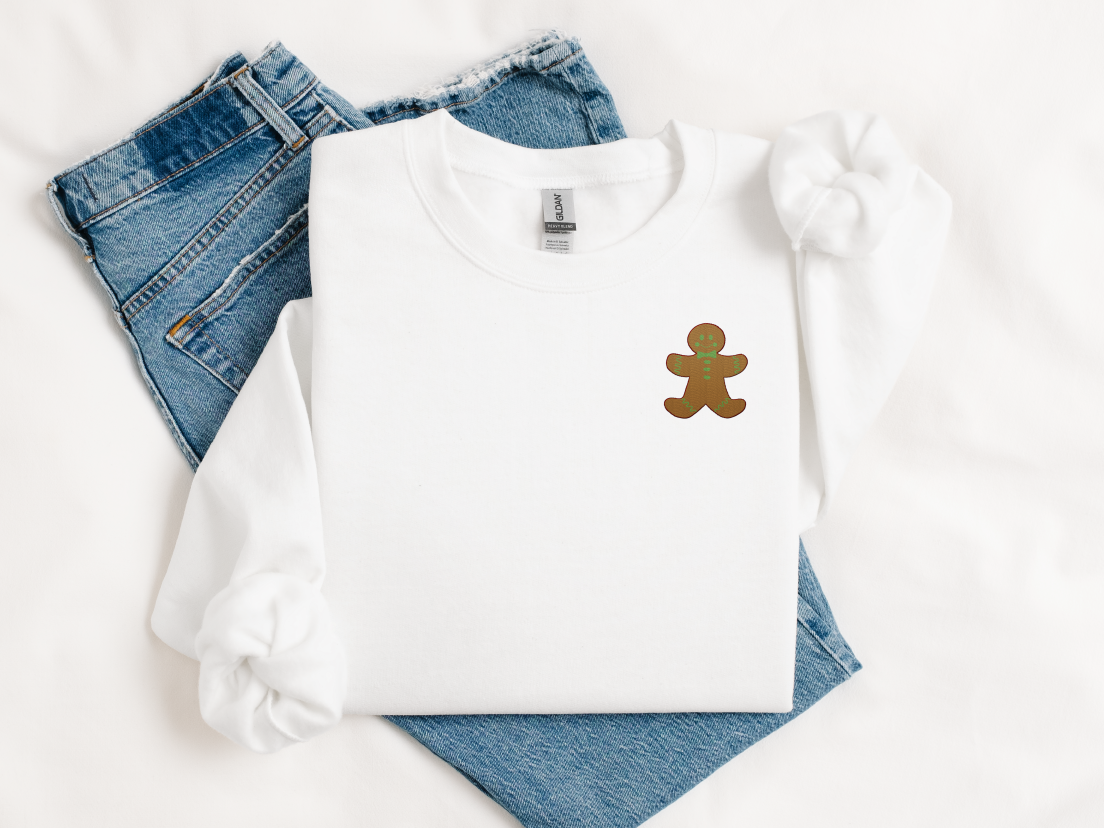 Gingerbread Man (Green Bow Detail) Embroidered Christmas Unisex Sweatshirt