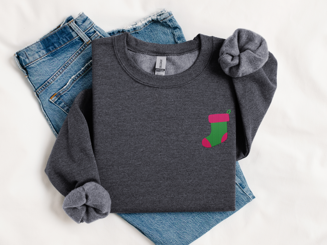 Green Christmas Stocking Embroidered Christmas Unisex Sweatshirt
