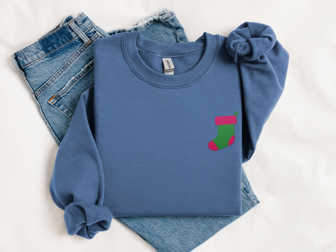 Green Christmas Stocking Embroidered Christmas Unisex Sweatshirt