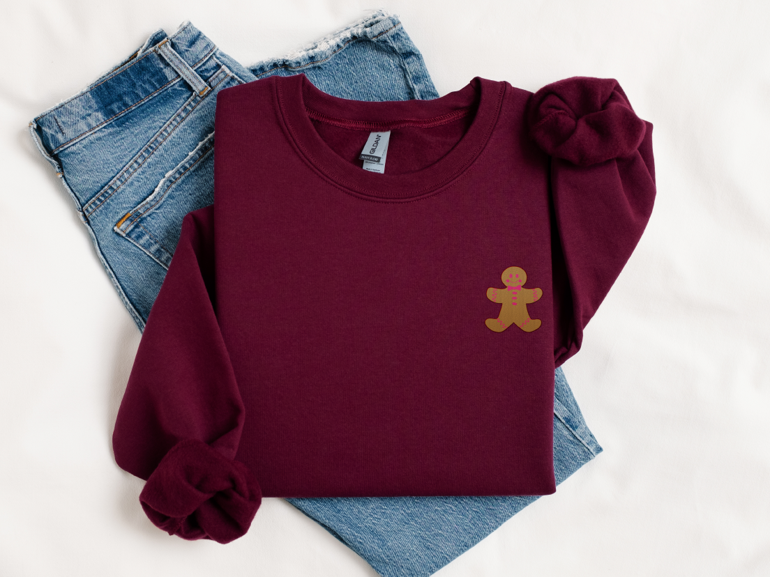 Gingerbread Man (Pink Bow Detail) Christmas Embroidered Unisex Sweatshirt