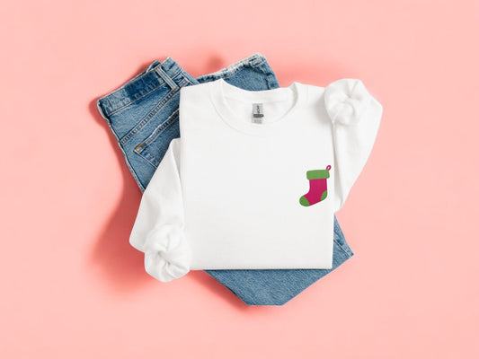 Pink Christmas Stocking Embroidered Christmas Unisex Sweatshirt